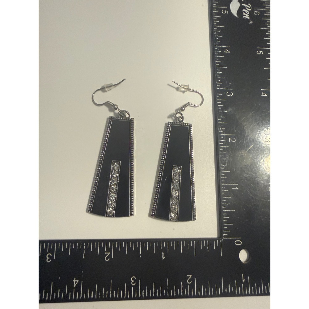 Black Enamel Silver Tone Art Deco Geometric Rhinestone‎ Dangle Earrings